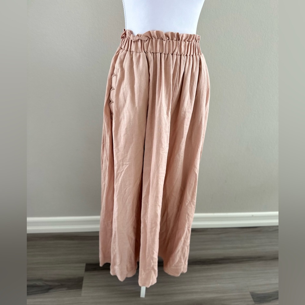 Mable Blush Pink Linen Blend Midi Skirt | Elastic Waist | Scallop Detail